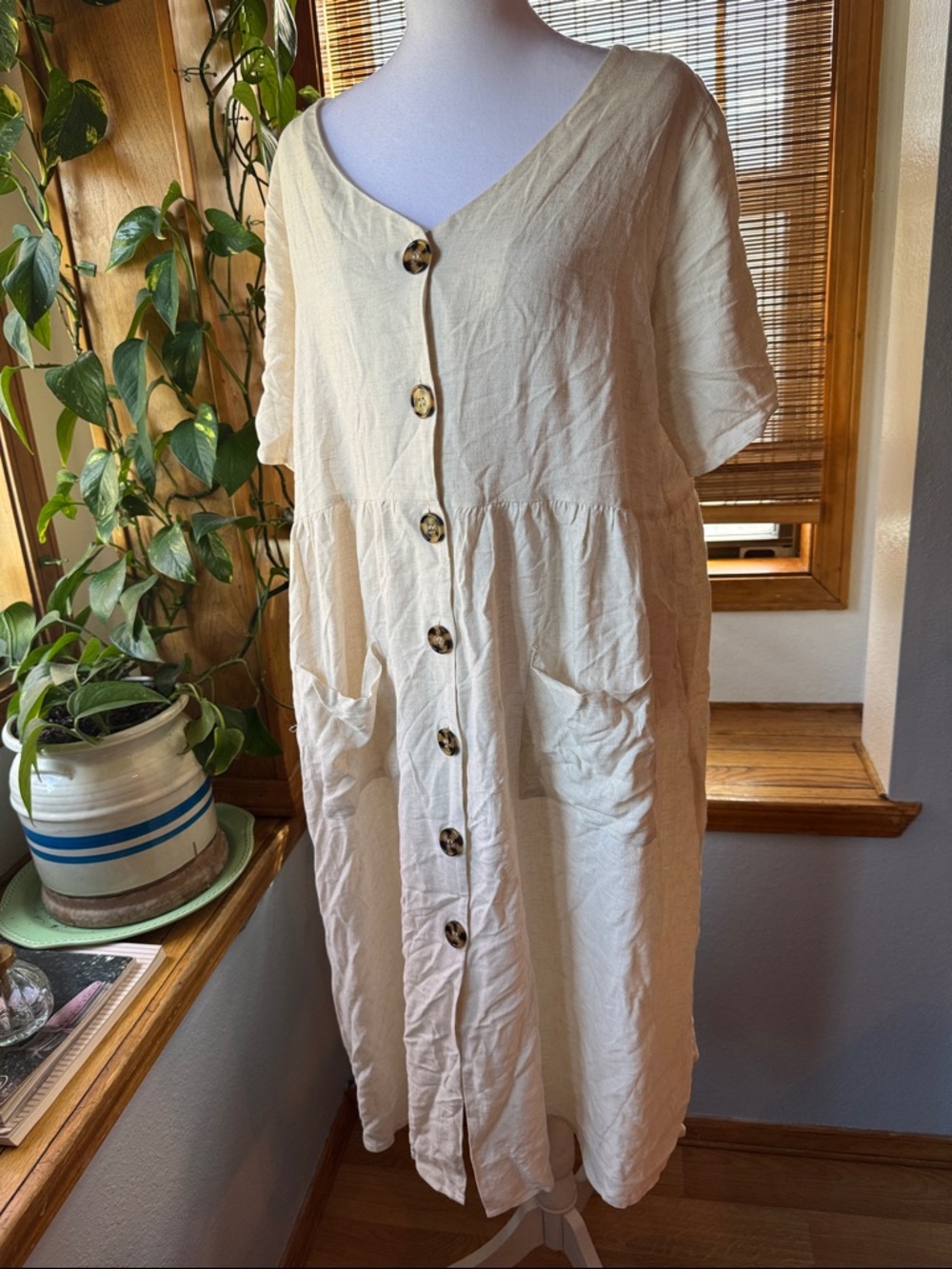 XXL Ivory Linen Blend Shirt Dress Short Sleeve Plus Size Cottagecore lightweight - Picture 2 of 11
